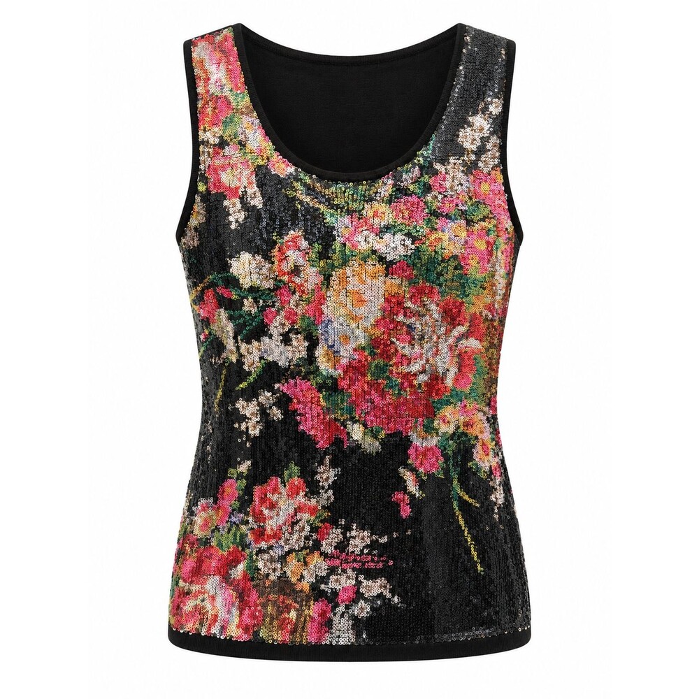 Sequin Floral Roses Cami Tank Top Verve Womens Sz L Black Pink Glam Statement EU